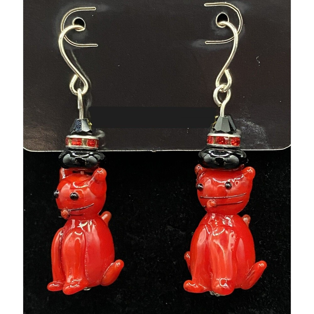 Handmade Red Glass Cat Black Glass & Crystal Bead Earrings by Neanie-Bot